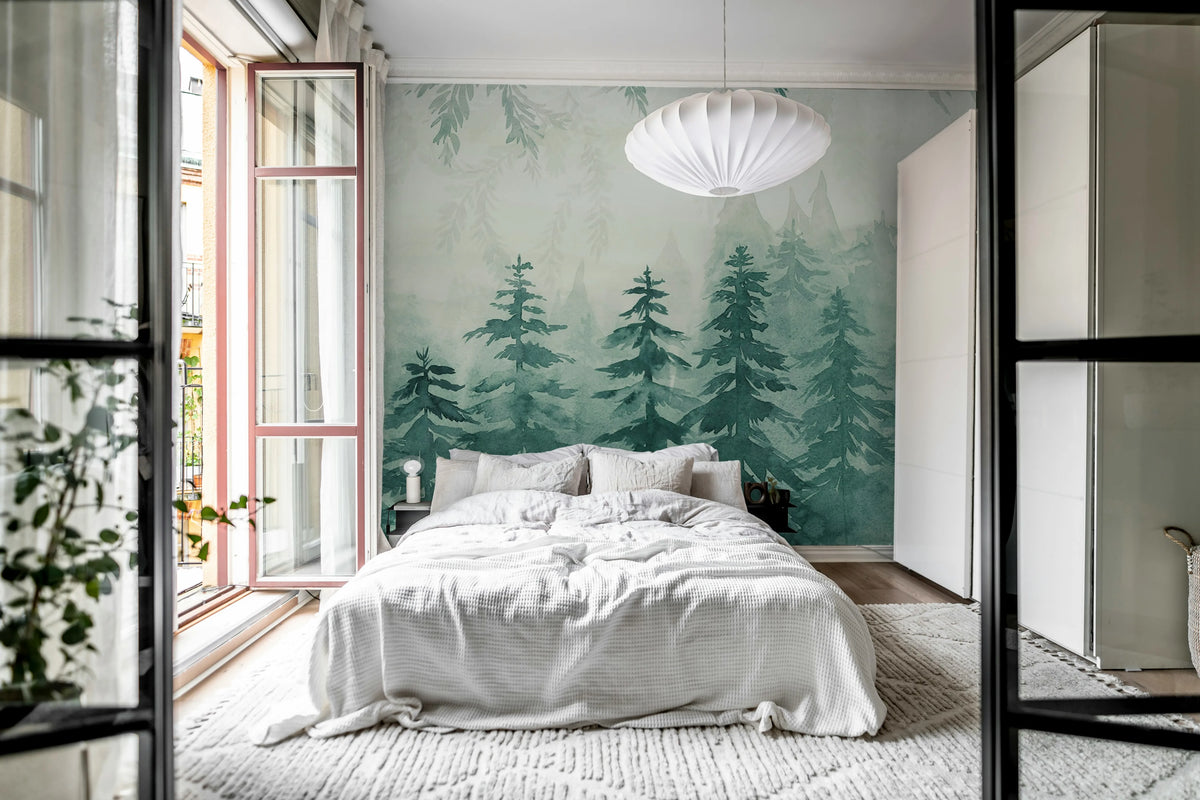 Watercolor Forest‚ Blue Mural Wallpaper - room preview 03
