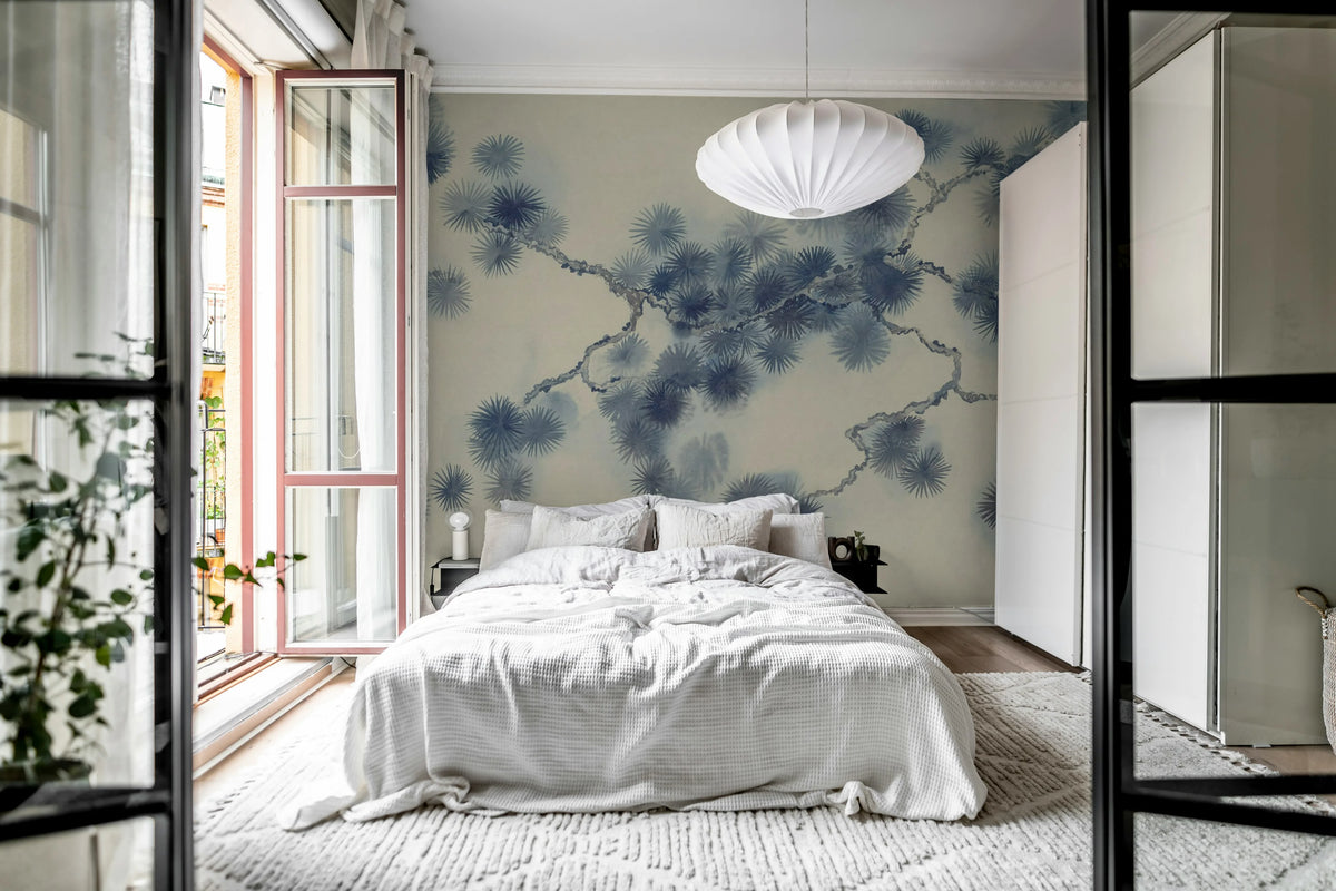 Pine Branch, Blue Mural Wallpaper - room preview 03