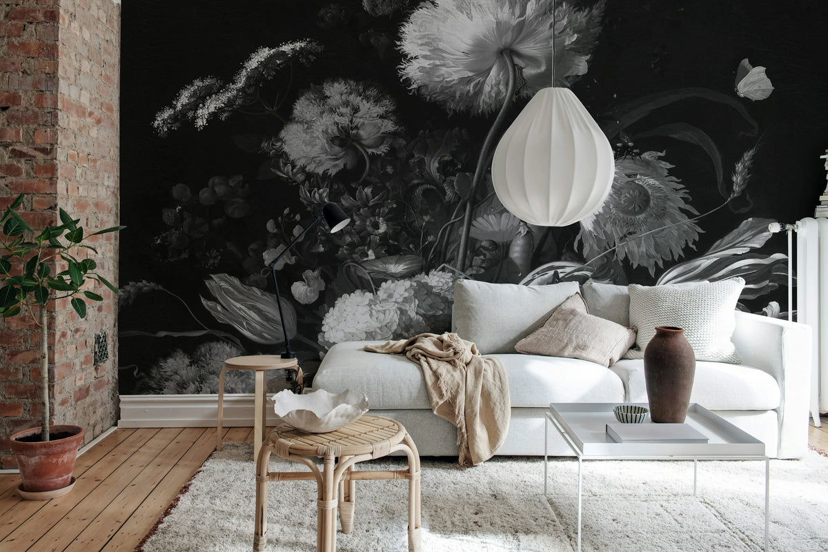 Bold Bouquet, Black Mural Wallpaper - room preview 03