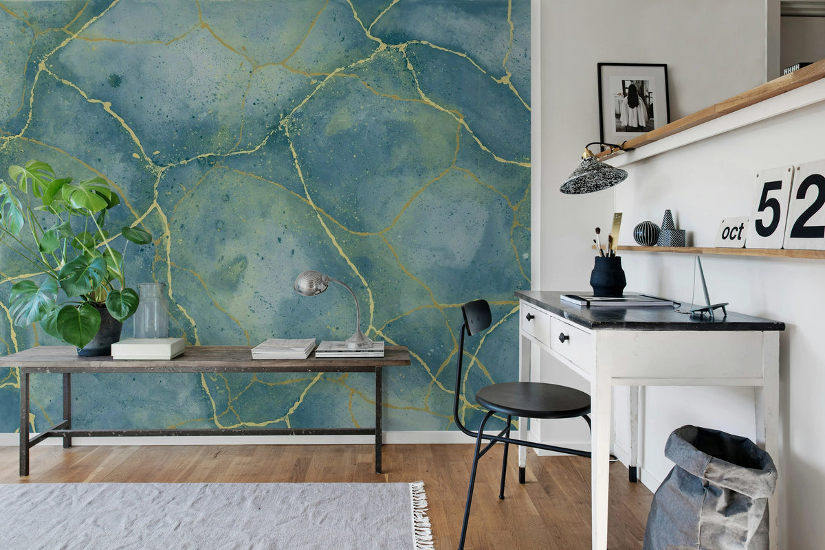 Marble Watercolor, Blue Mural Wallpaper - room preview 03