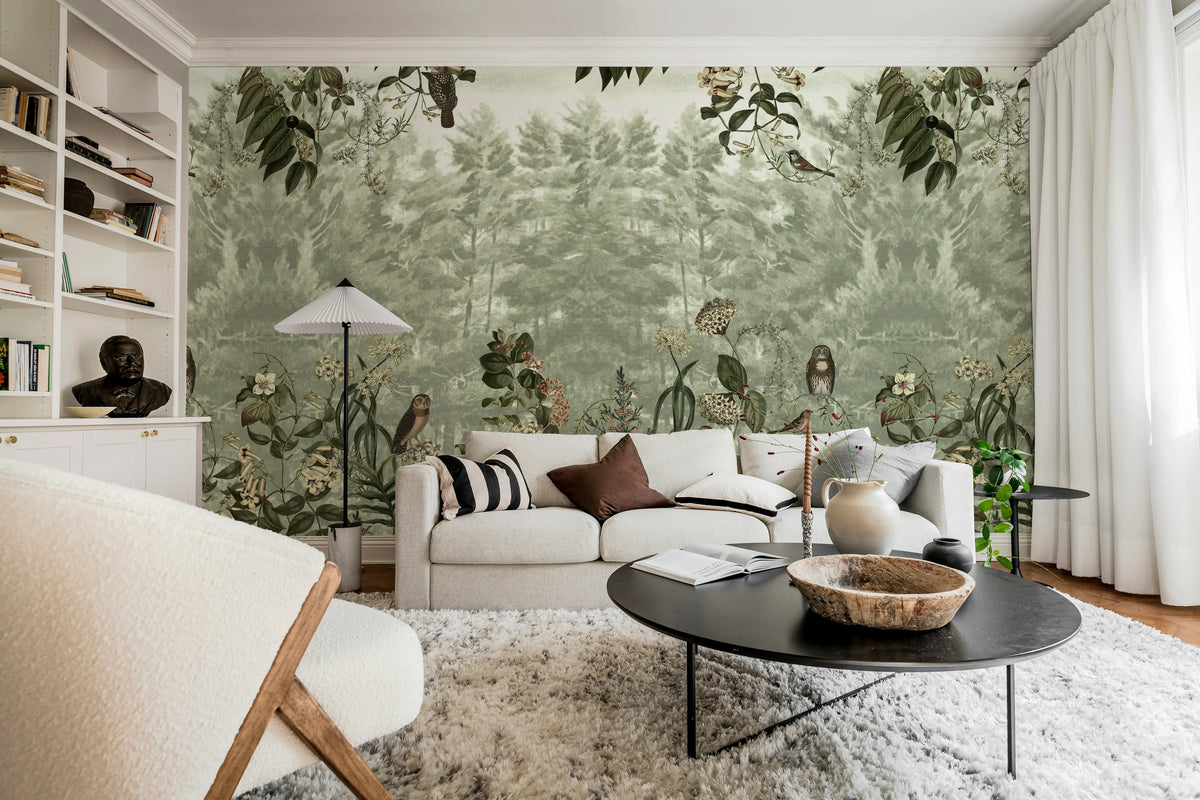 Owl Forest, Green Mural Wallpaper - room preview 03