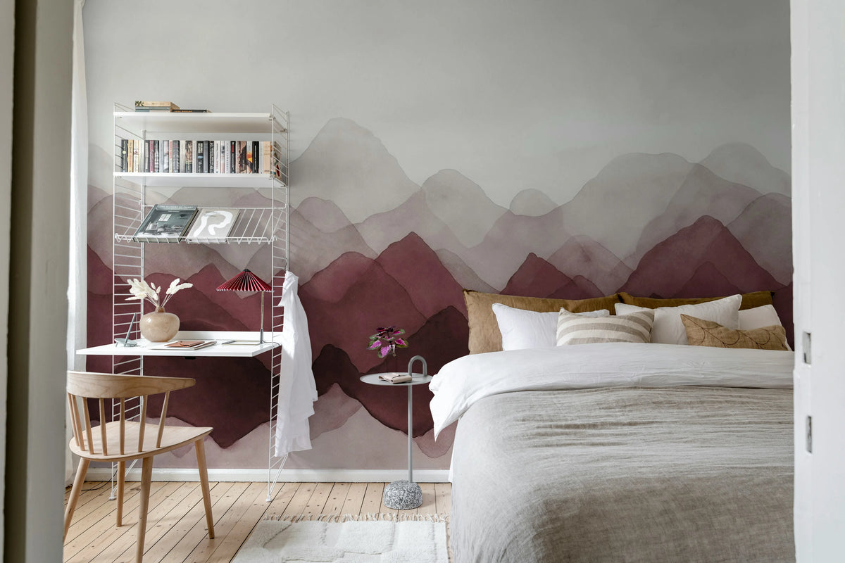 Watercolor Mountain, Burgundy Mural Wallpaper - room preview 03