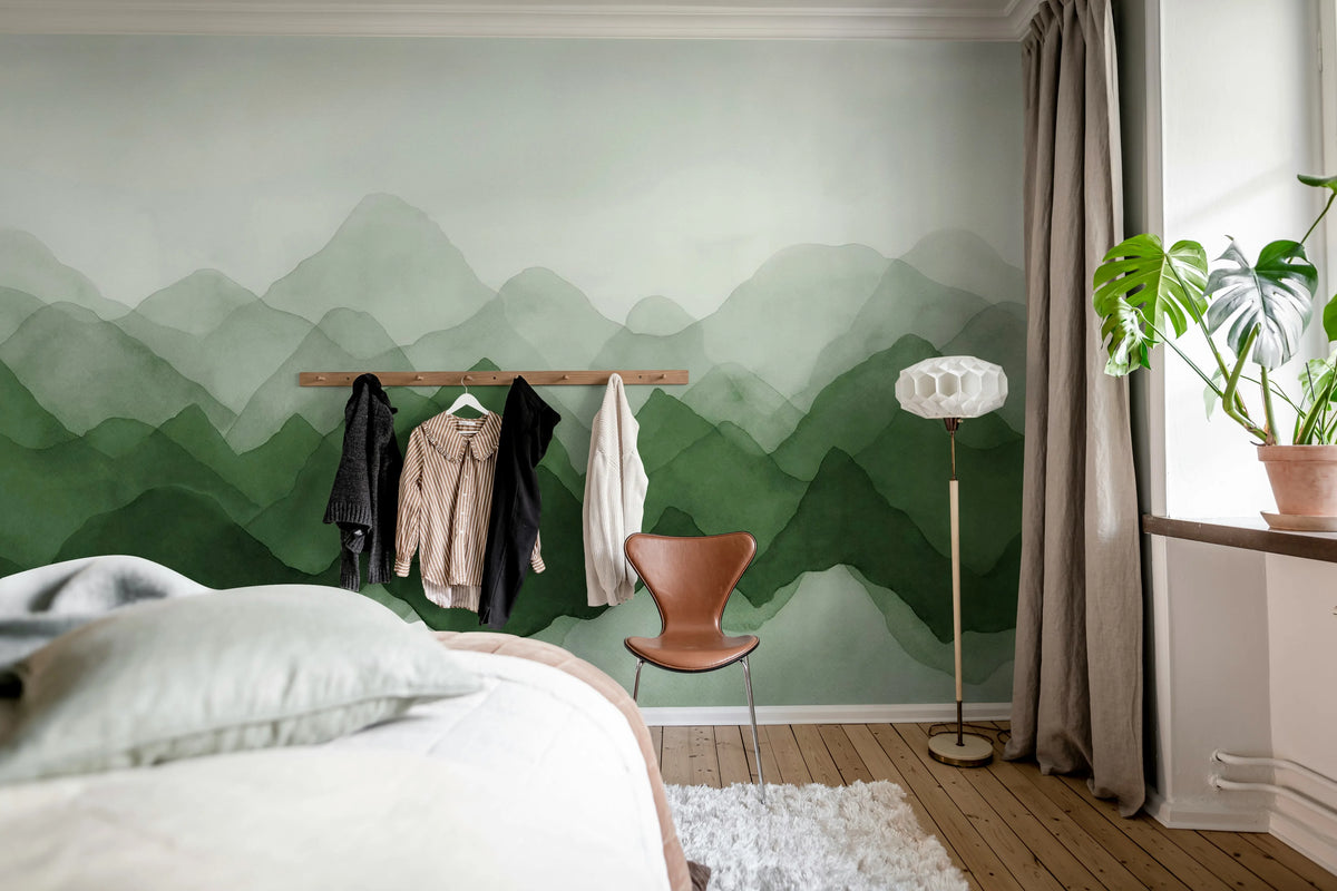 Watercolor Mountain, Green Mural Wallpaper - room preview 03