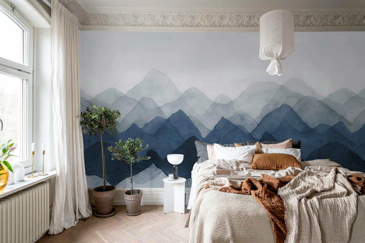 Watercolor Mountain, Blue Mural Wallpaper - room preview 03