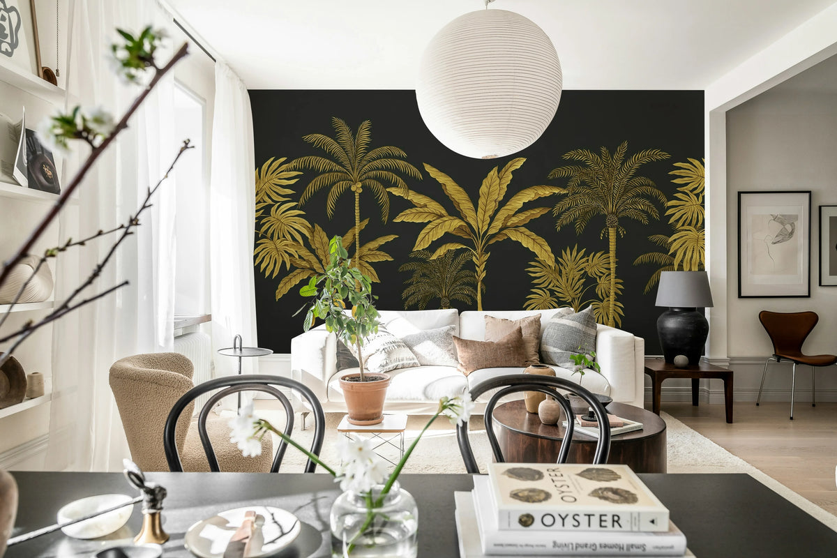 Golden Palms, Black Mural Wallpaper - room preview 03