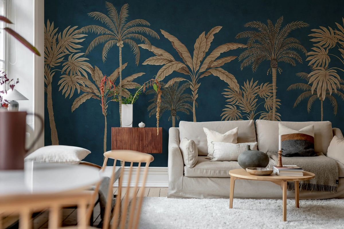 Golden Palms, Blue Mural Wallpaper - room preview 03