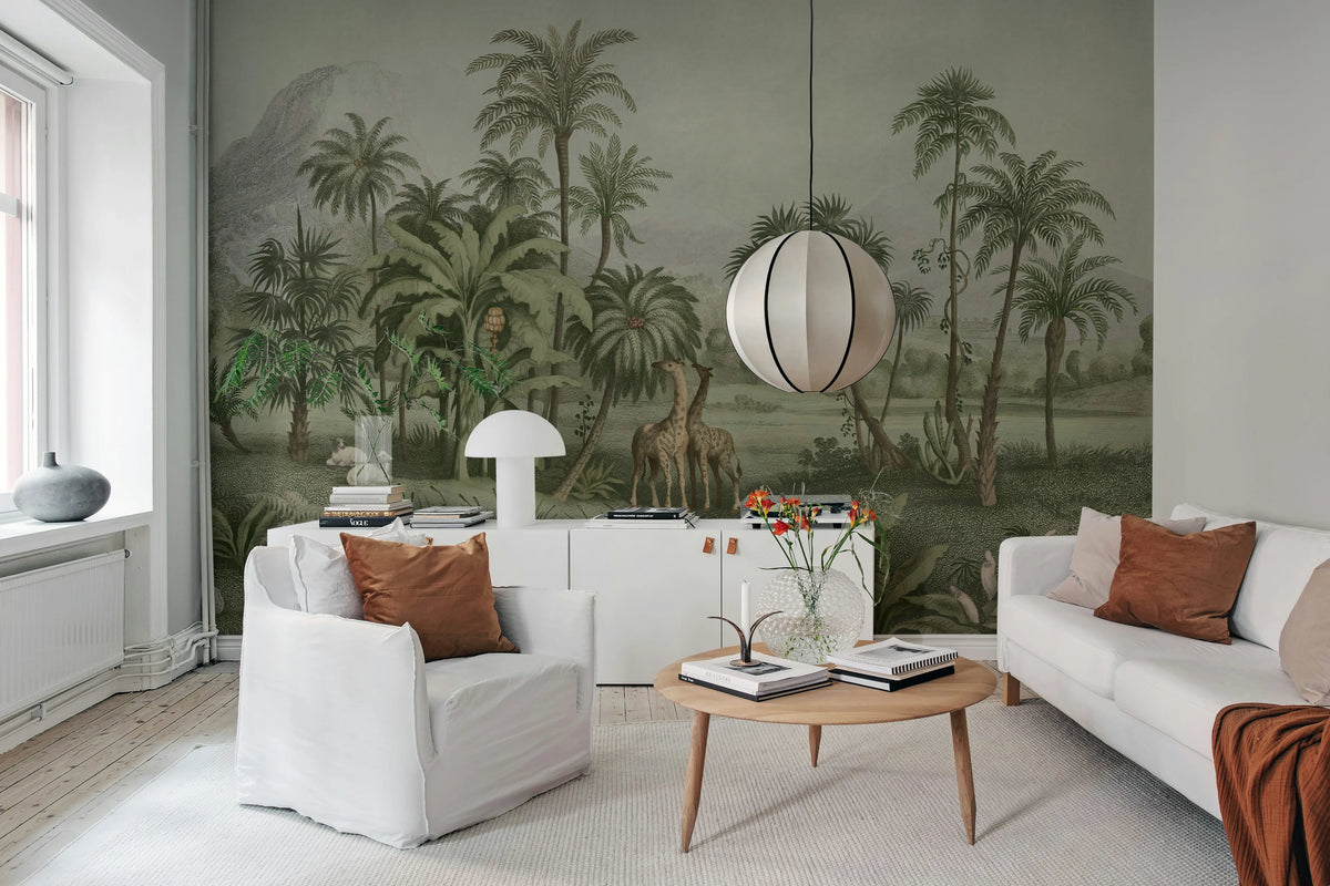 Giraffe Savannah, Green Mural Wallpaper - room preview 03