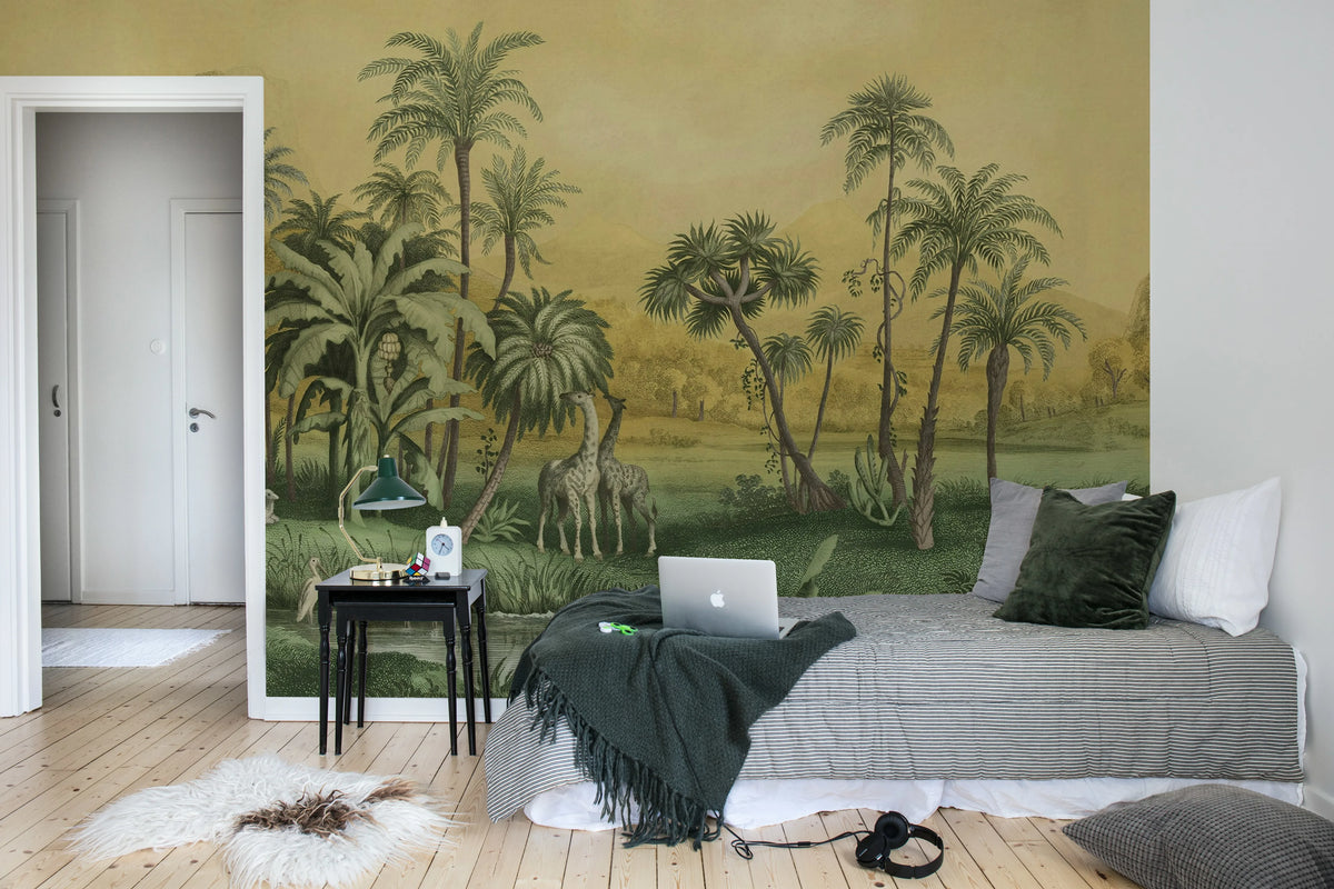 Giraffe Savannah, Yellow Mural Wallpaper - room preview 03