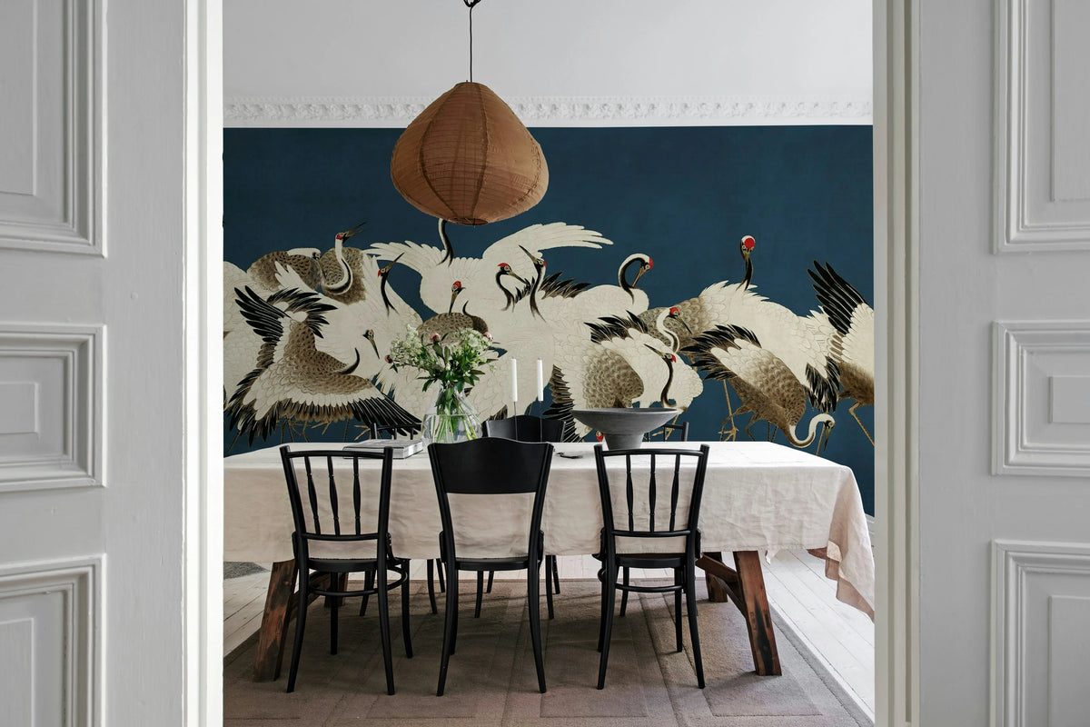 Dancing Cranes, Blue Mural Wallpaper - room preview 03