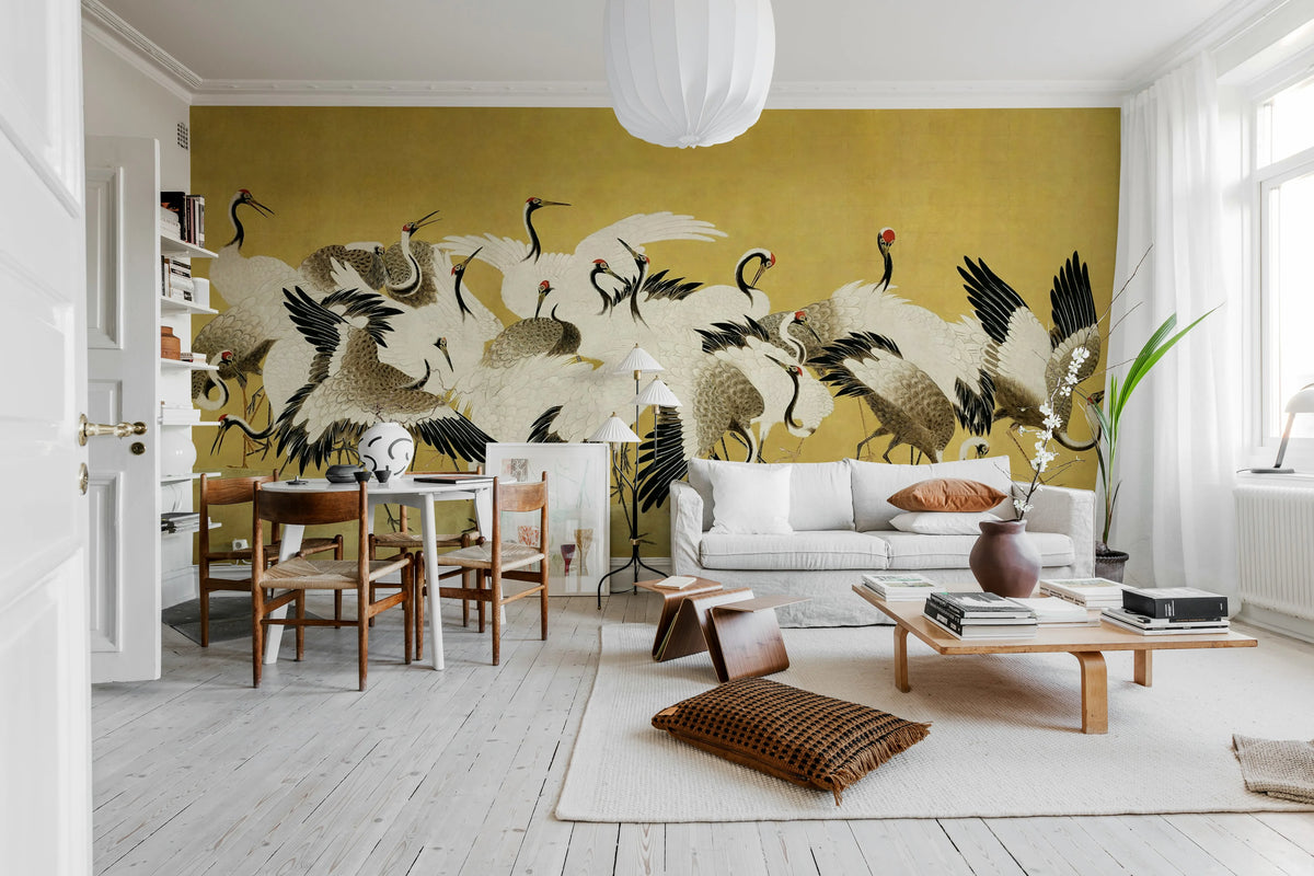 Dancing Cranes, Yellow Mural Wallpaper - room preview 03