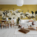 Dancing Cranes, Yellow Mural Wallpaper - room preview 03