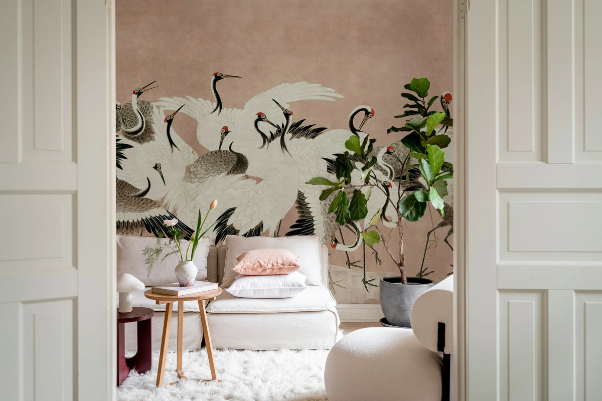 Dancing Cranes, Dusty Pink Mural Wallpaper - room preview 03