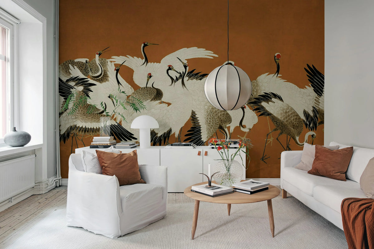 Dancing Cranes, Orange Mural Wallpaper - room preview 03