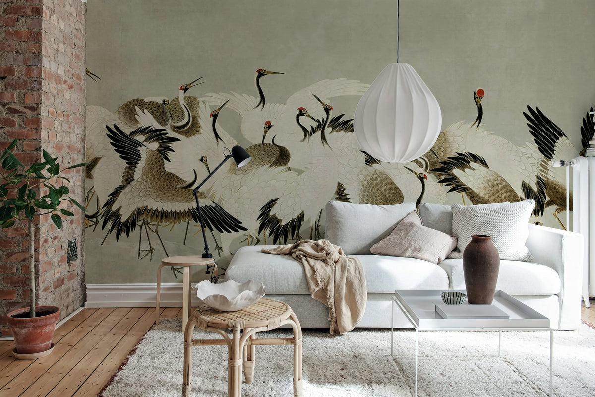 Dancing Cranes, Beige Mural Wallpaper - room preview 03