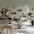 Dancing Cranes, Beige Mural Wallpaper - room preview 03