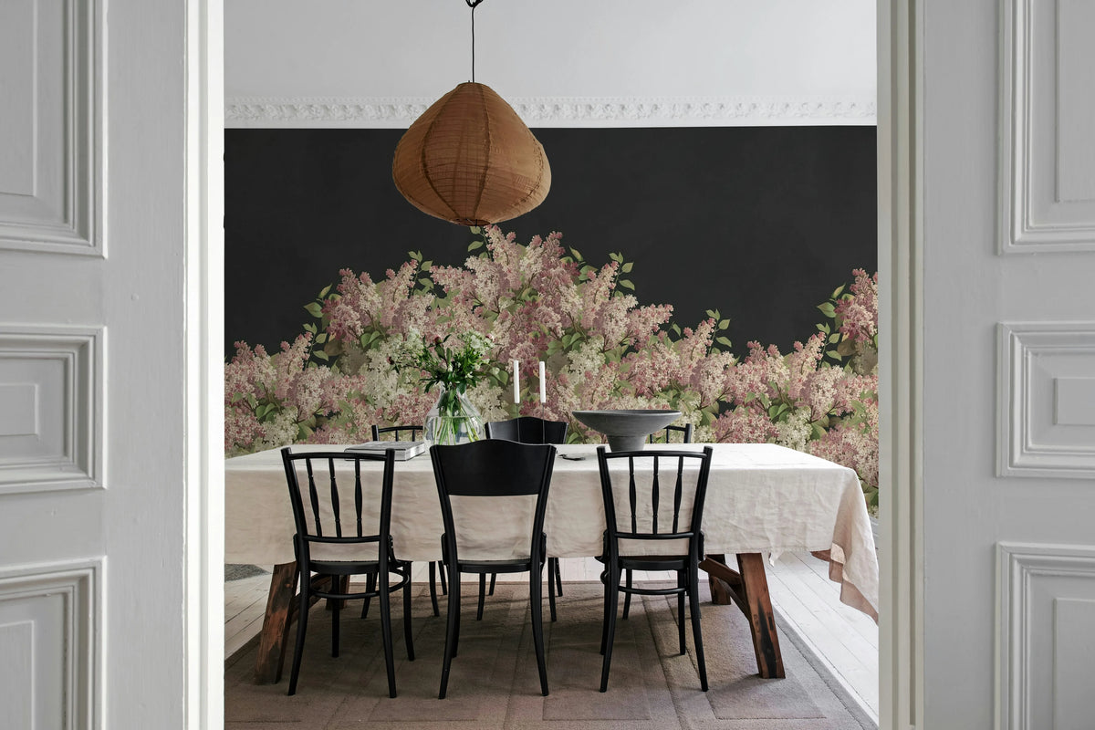 Syringa Flowers, Black Mural Wallpaper - room preview 03