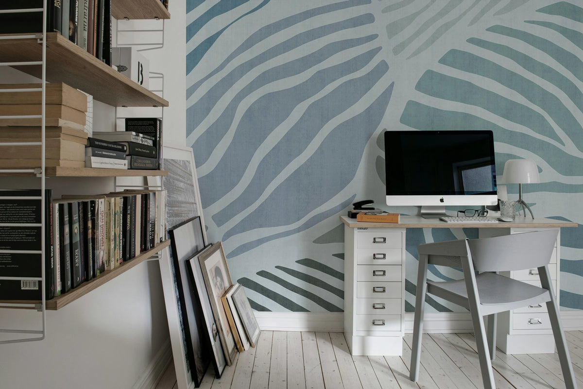 Graphic Leafs, Blue Mural Wallpaper - room preview 03