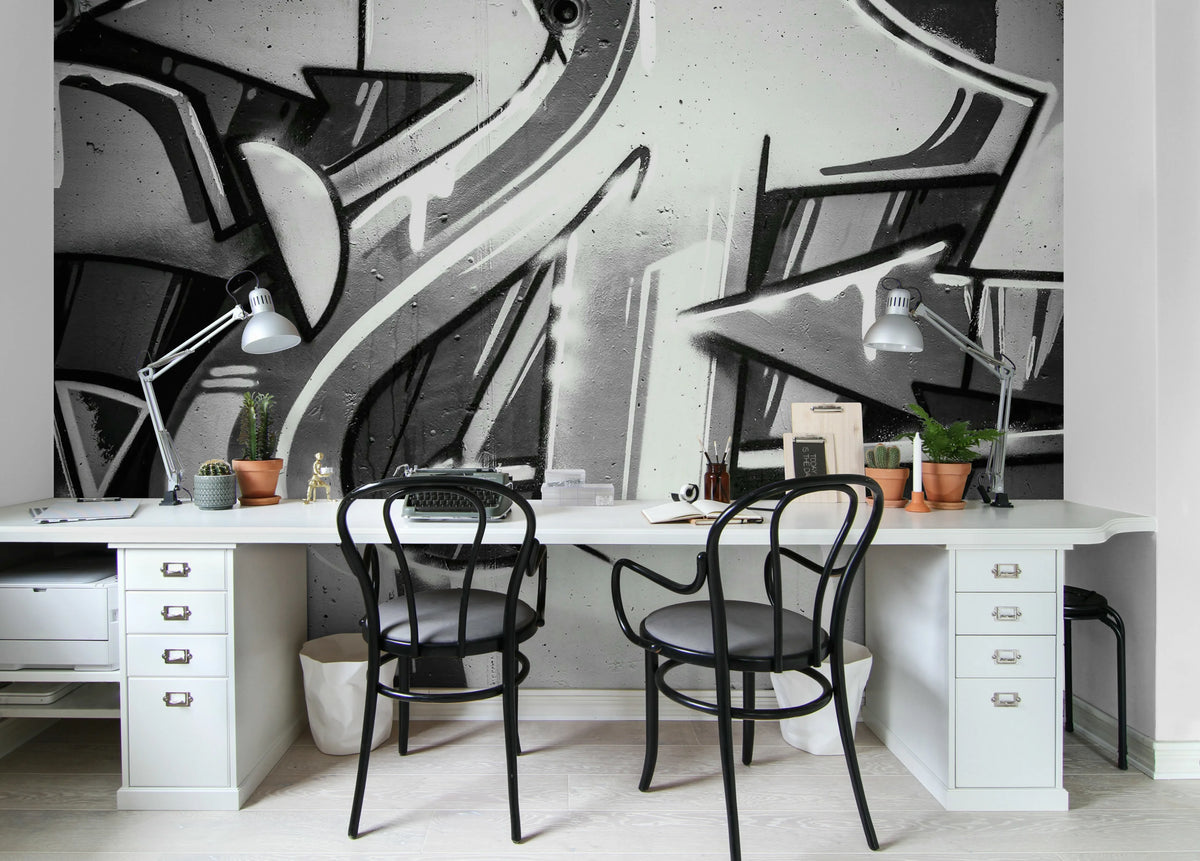 Graffiti Wall, Black & White Mural Wallpaper - room preview 03