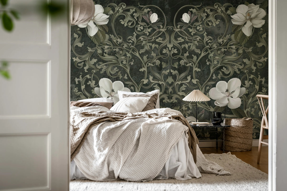 Fabulous Flowers, Gray Mural Wallpaper - room preview 03