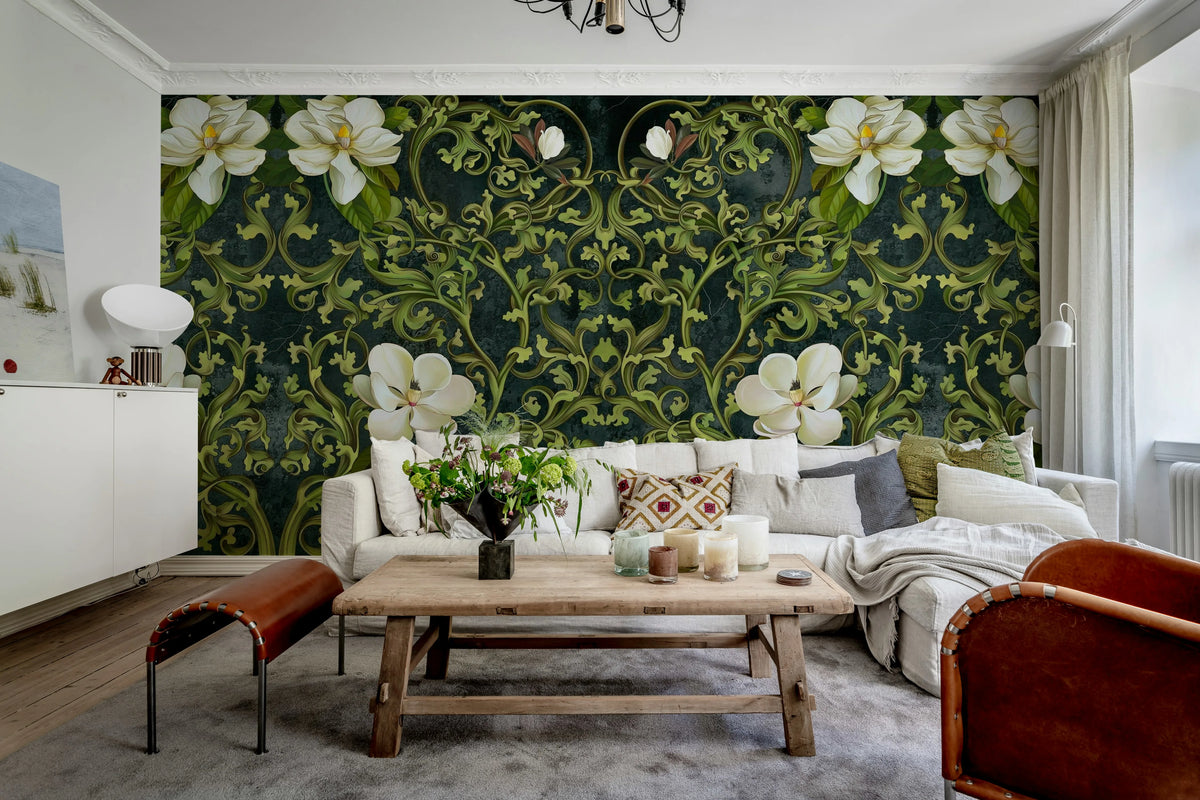 Fabulous Flowers, Green Mural Wallpaper - room preview 03