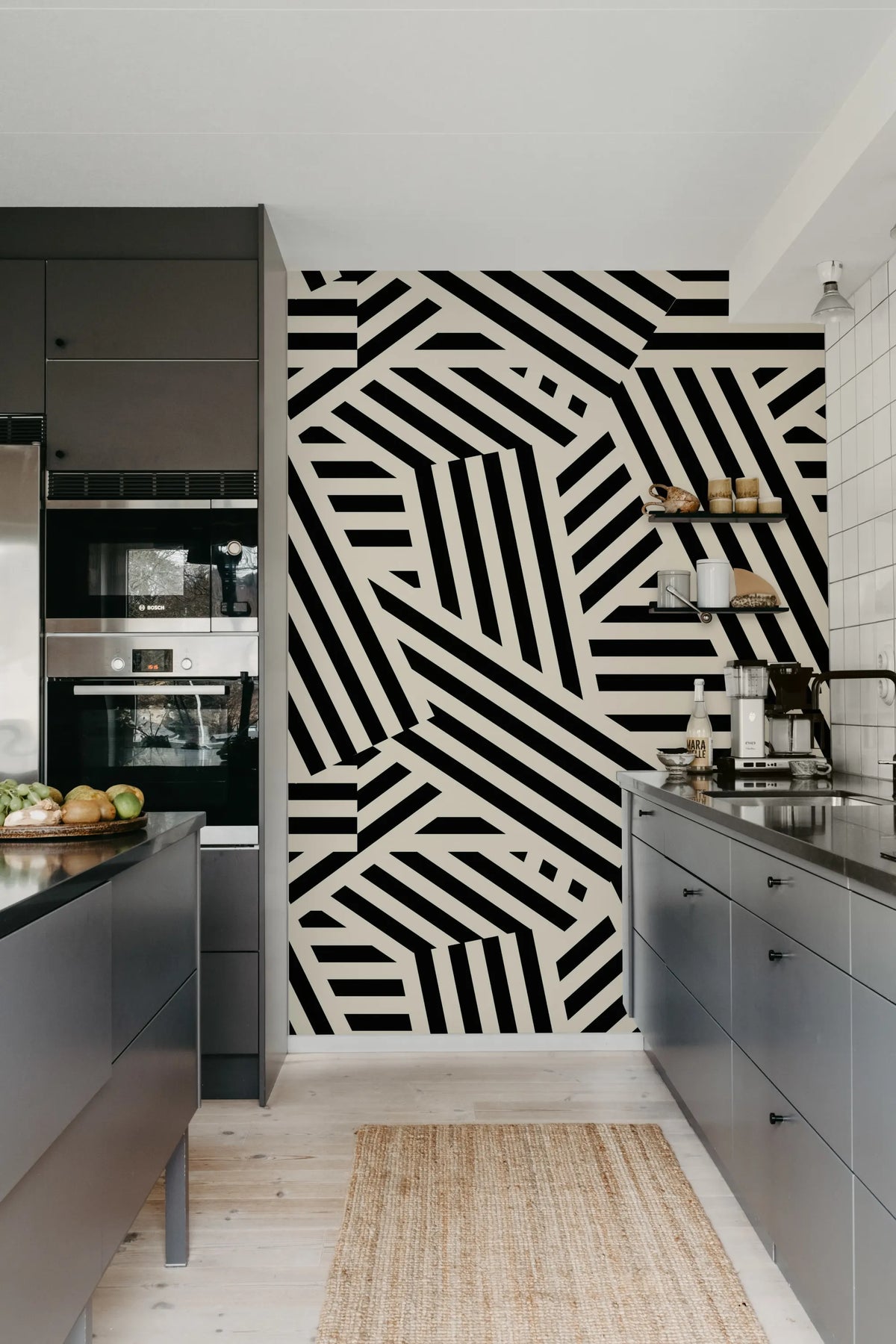 Abstract Stripes, Liquorice & Cream Mural Wallpaper - room preview 03
