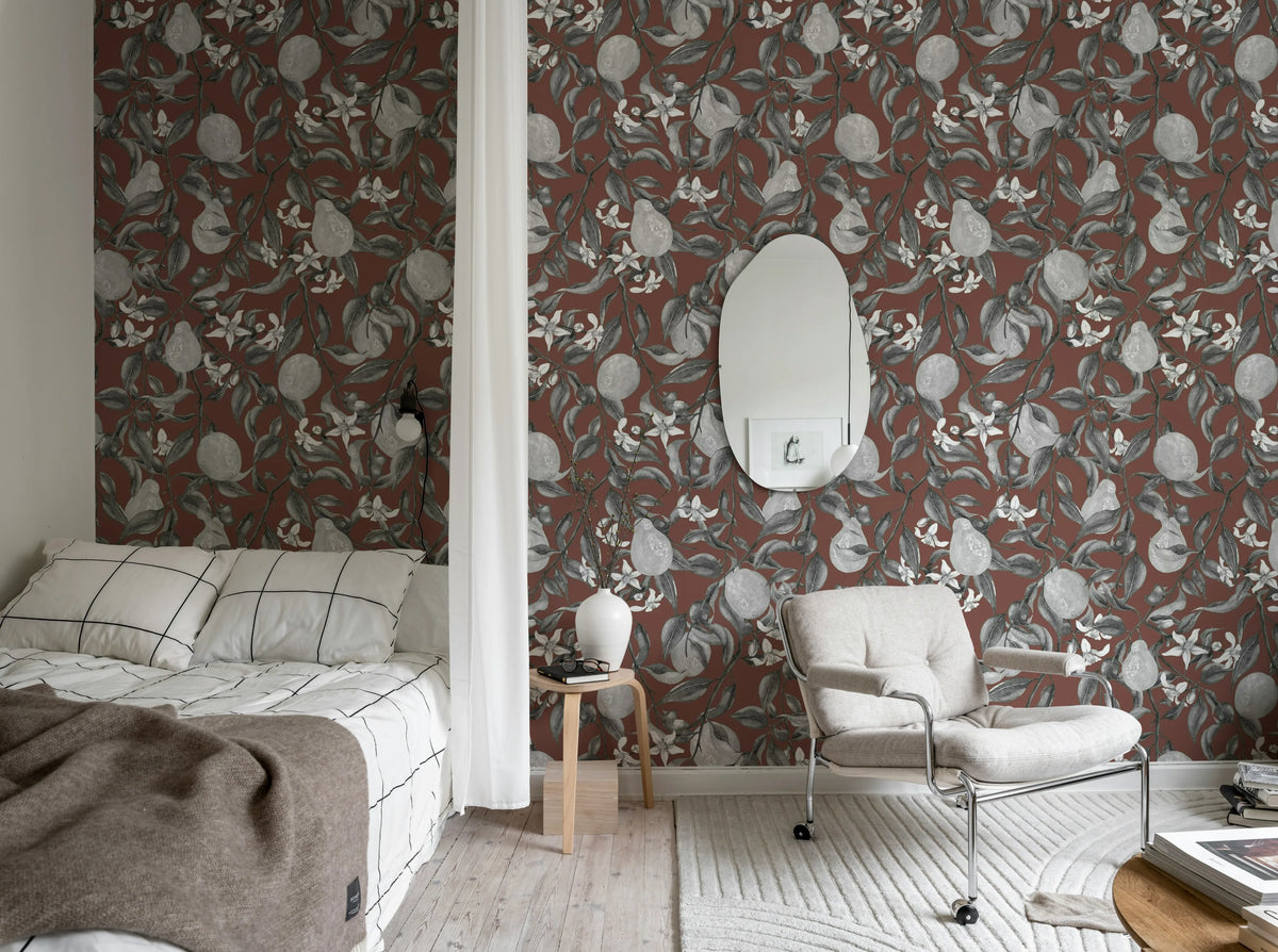 Pear Garden, Burgundy Mural Wallpaper - room preview 03