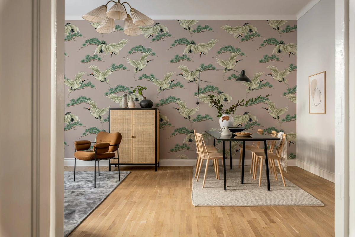 Flying Cranes, Pink Mural Wallpaper - room preview 03