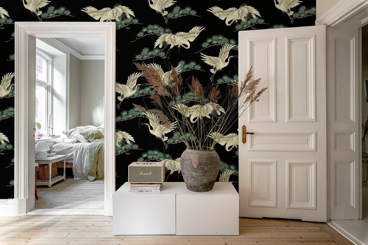 Flying Cranes, Black Mural Wallpaper - room preview 03