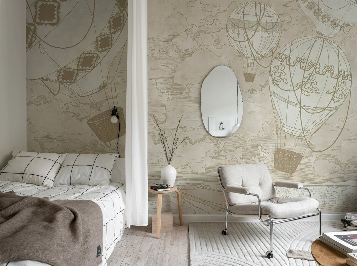 Balloon Travelers, Beige Mural Wallpaper - room preview 03