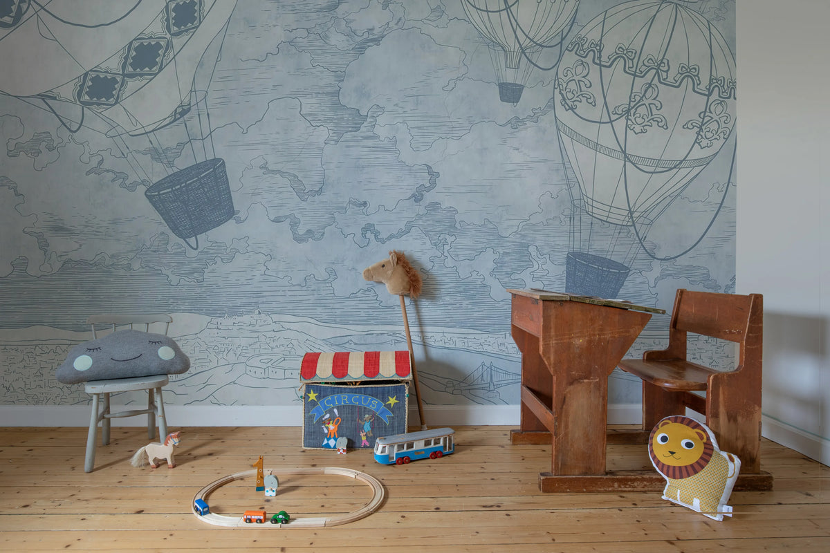 Balloon Travelers, Blue Mural Wallpaper - room preview 03
