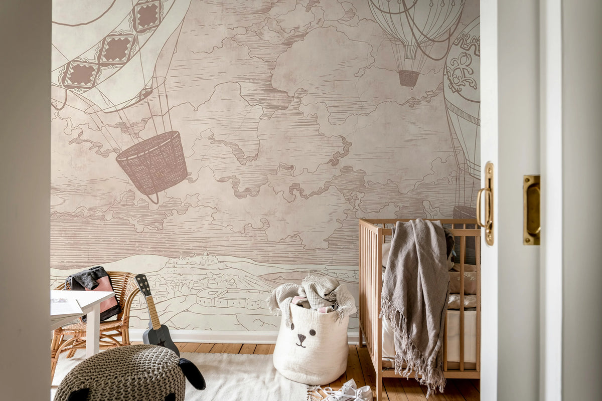 Balloon Travelers, Pink Mural Wallpaper - room preview 03