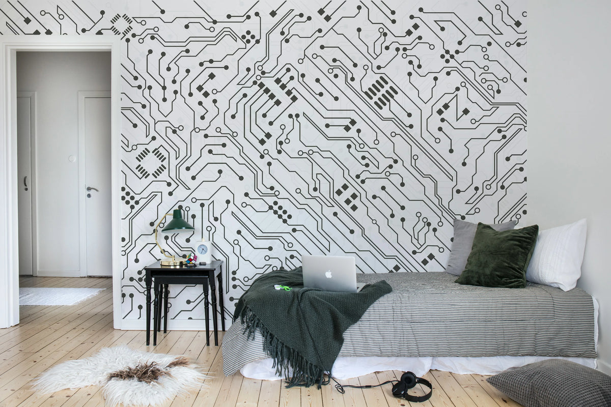Circuit, White Mural Wallpaper - room preview 03