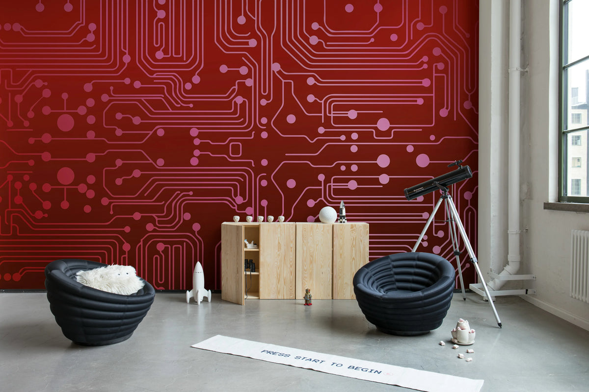 Circuit Board, Red Mural Wallpaper - room preview 03