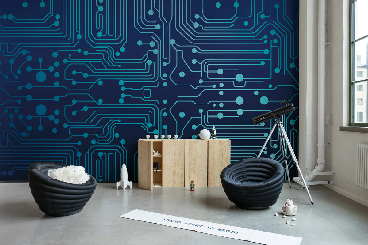 Circuit Board, Blue Mural Wallpaper - room preview 03