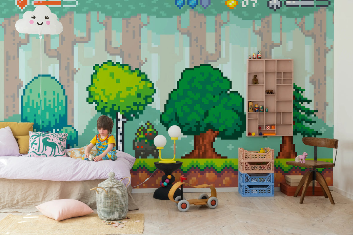 Pixel World, Green Mural Wallpaper - room preview 03