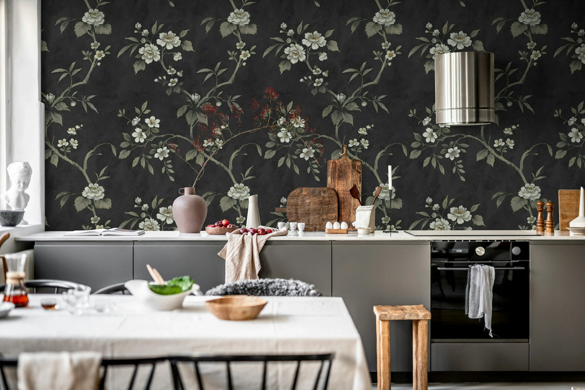 Poetic Flora, Black Mural Wallpaper - room preview 03
