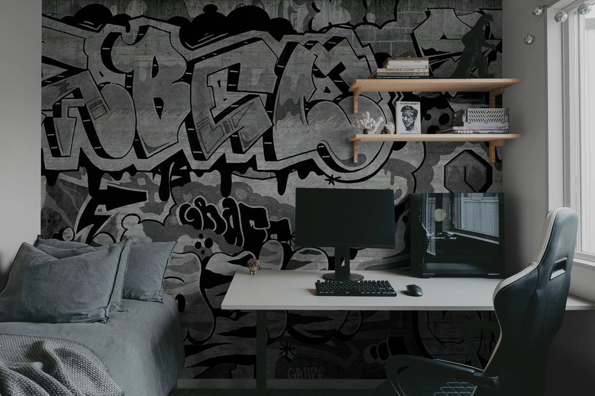Graffiti, Black Mural Wallpaper - room preview 03