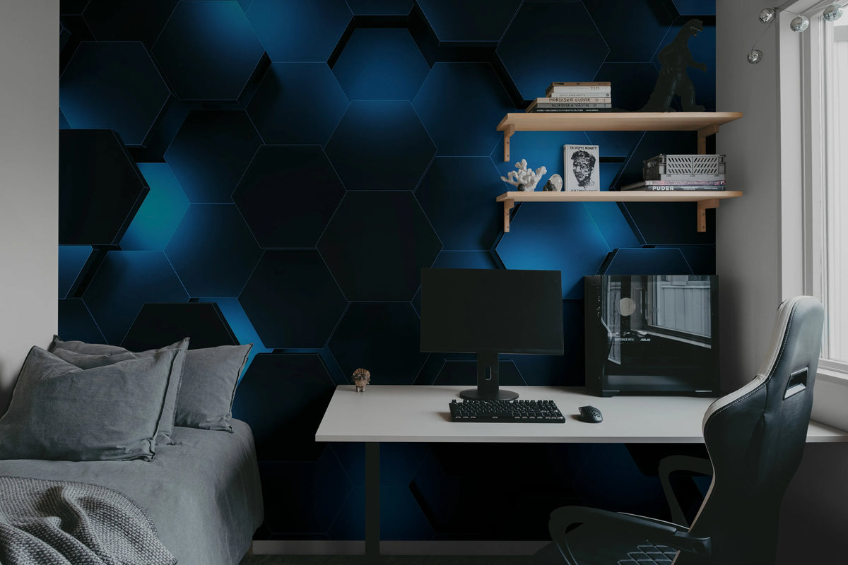 Hexagon, Blue Mural Wallpaper - room preview 03