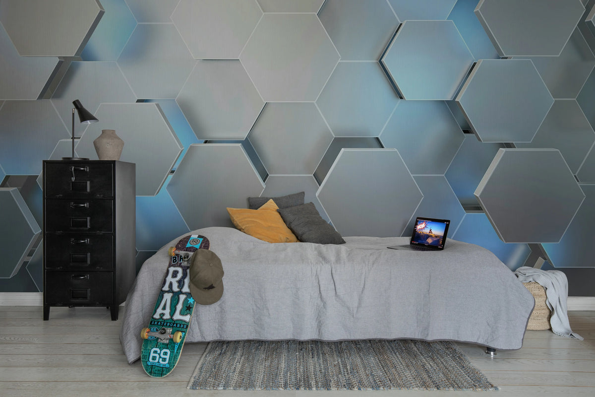 Hexagon, Gray Mural Wallpaper - room preview 03