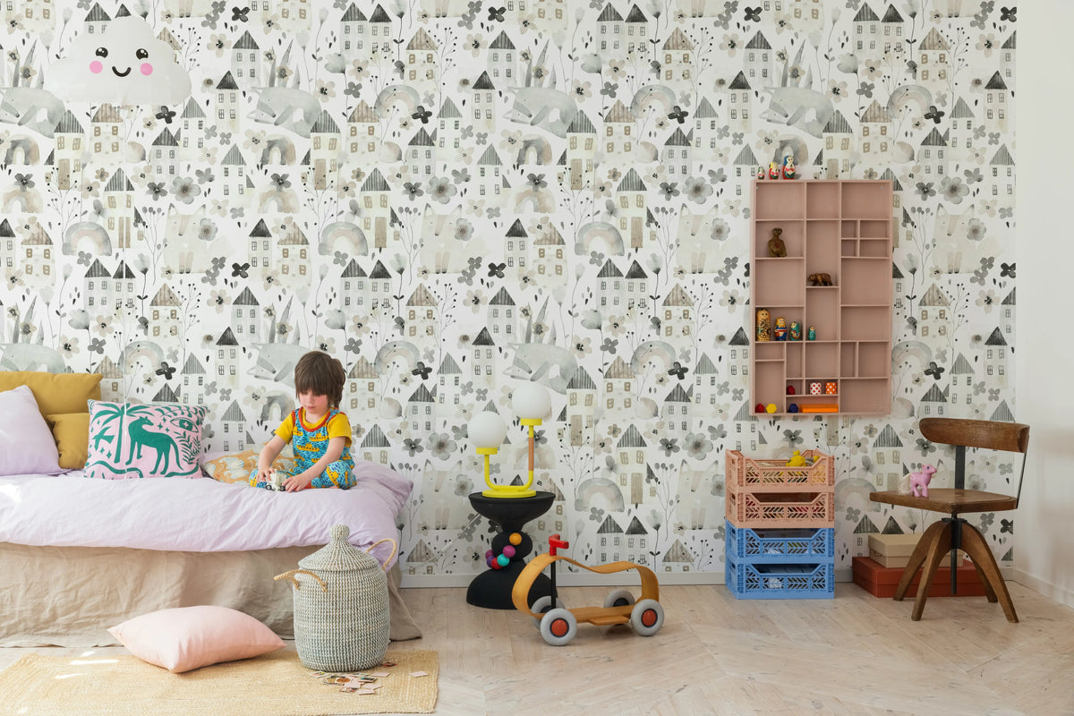 Fox Village, Gray Mural Wallpaper - room preview 03