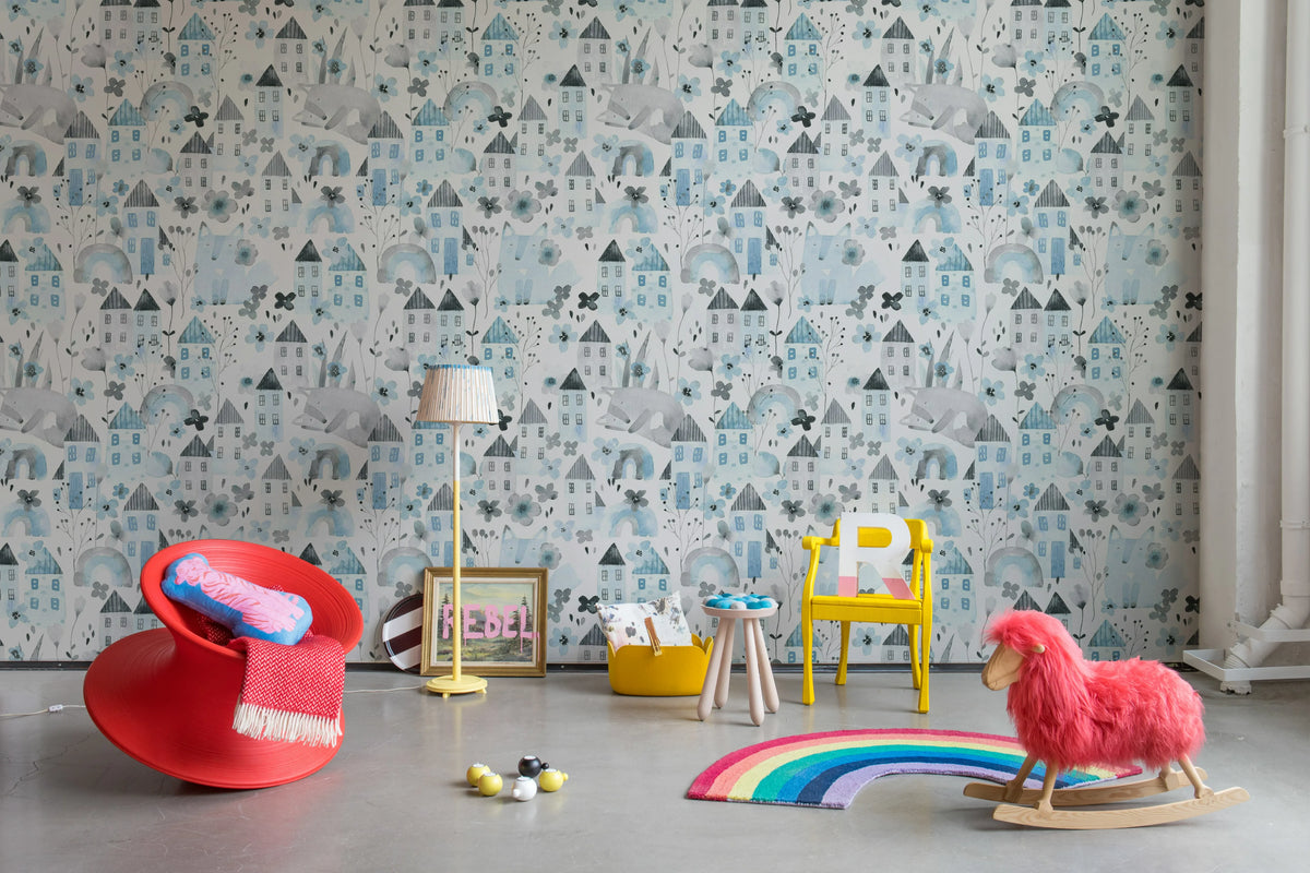 Fox Village, Blue Mural Wallpaper - room preview 03