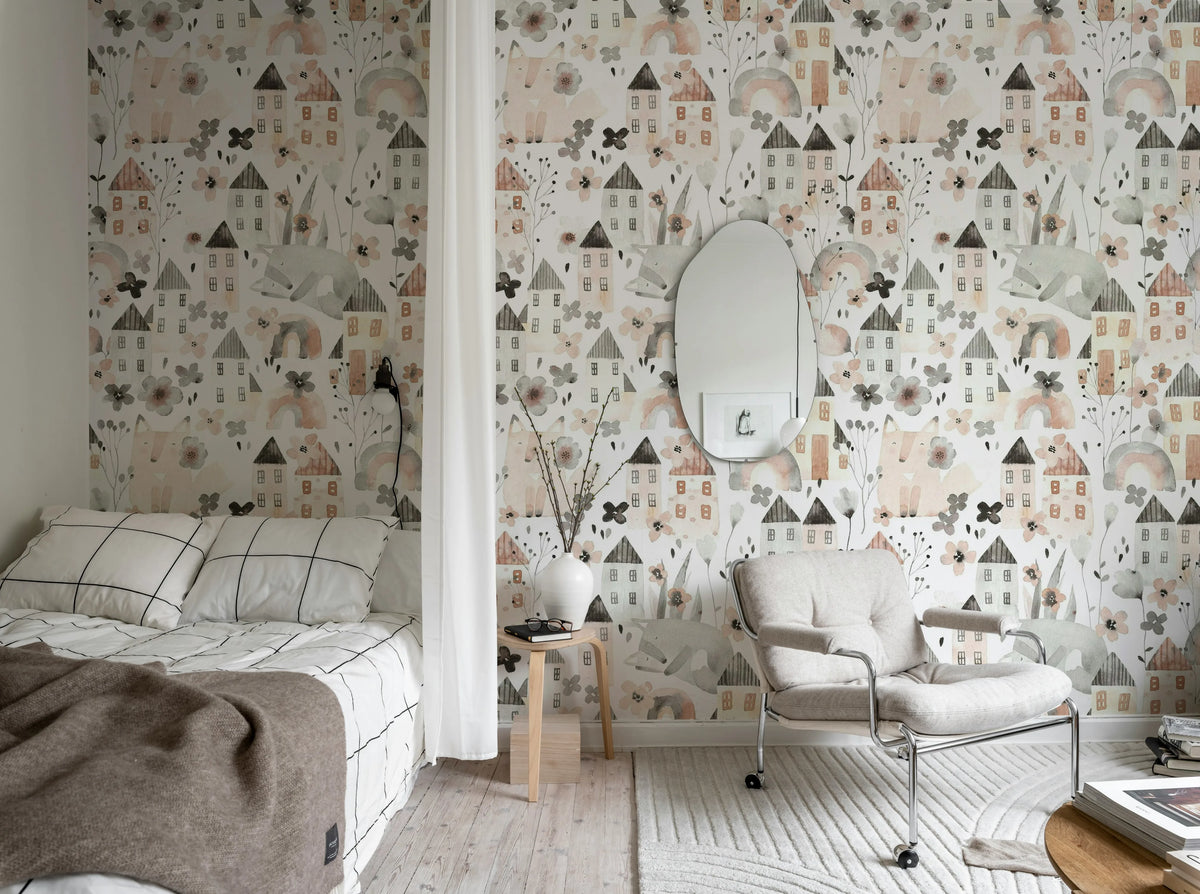 Fox Village, Pink Mural Wallpaper - room preview 03