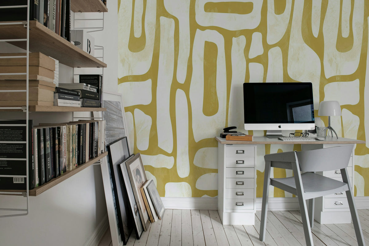 Aesthetic Shapes, Yellow Mural Wallpaper - room preview 03