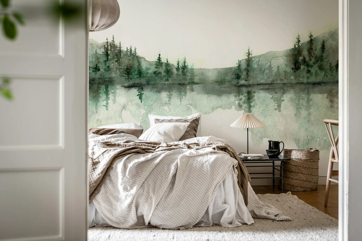 Watercolor Landscape, Forest Green Mural Wallpaper - room preview 03
