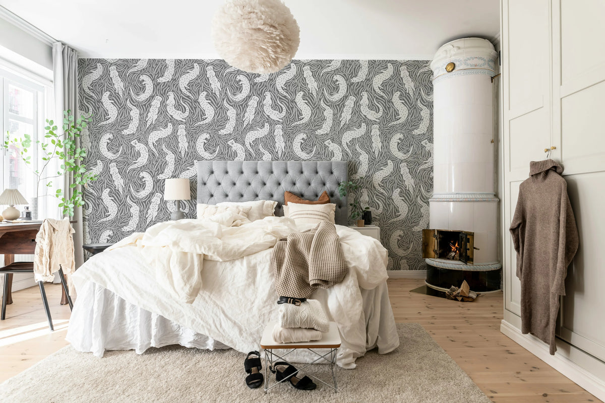 Cute Otters, Gray Mural Wallpaper - room preview 03