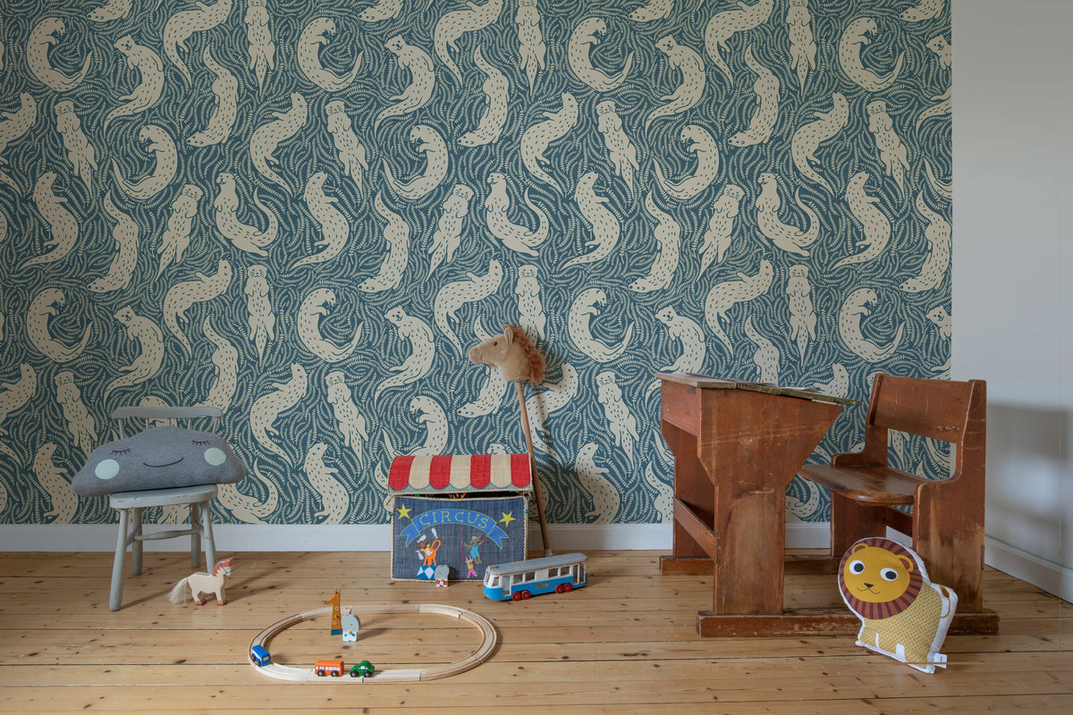 Cute Otters, Blue Mural Wallpaper - room preview 03
