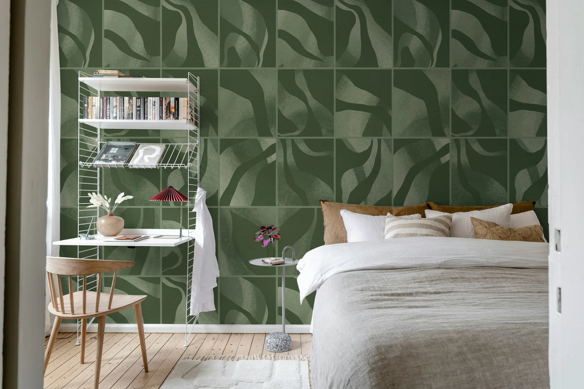 Floating Tiles, Dark Green Mural Wallpaper - room preview 03