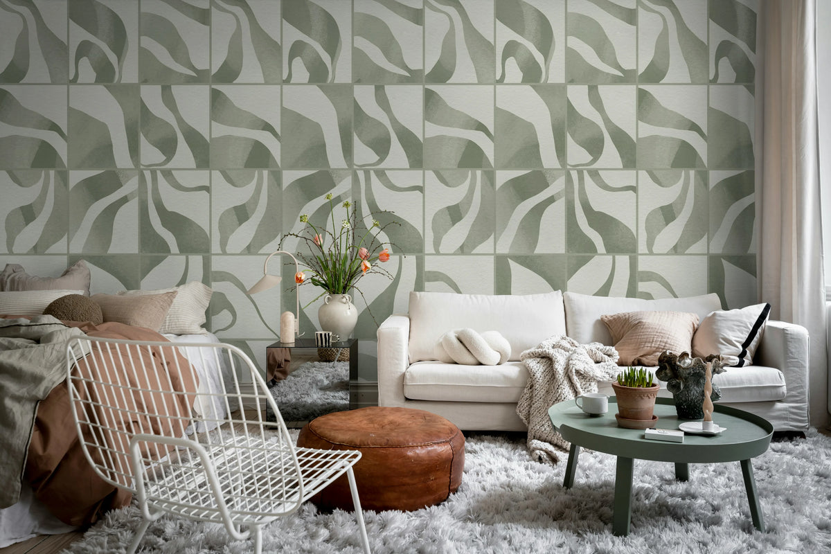 Floating Tiles, Green Mural Wallpaper - room preview 03