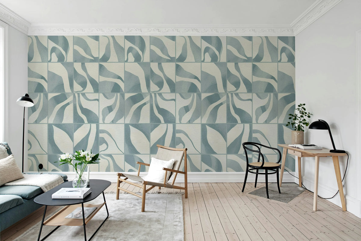Floating Tiles, Blue Mural Wallpaper - room preview 03