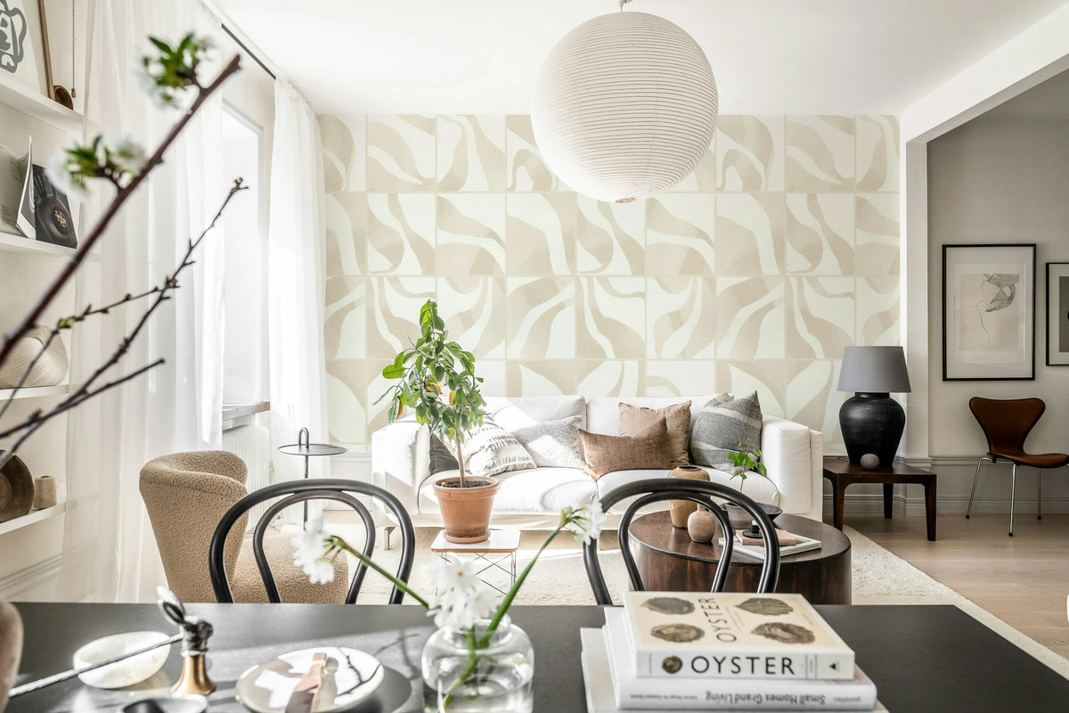 Floating Tiles, Beige Mural Wallpaper - room preview 03